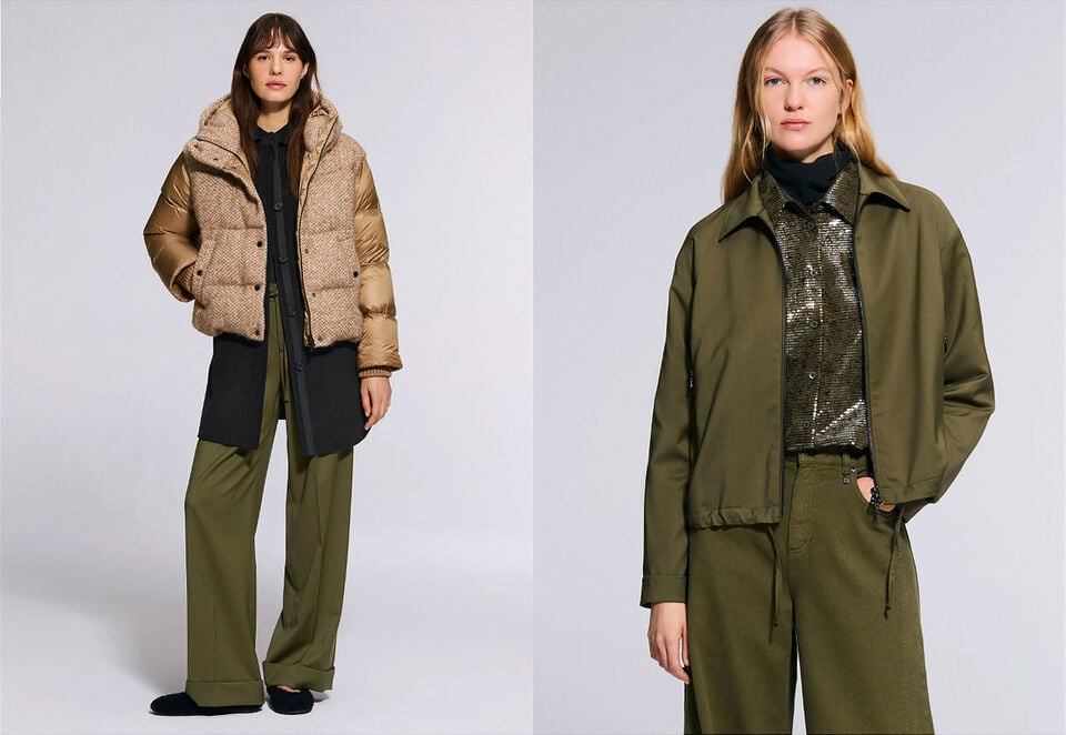 The model on the left wears the Cathy boucl&eacute; down jacket, while the model on the right is dressed in an olive-green virgin wool set.