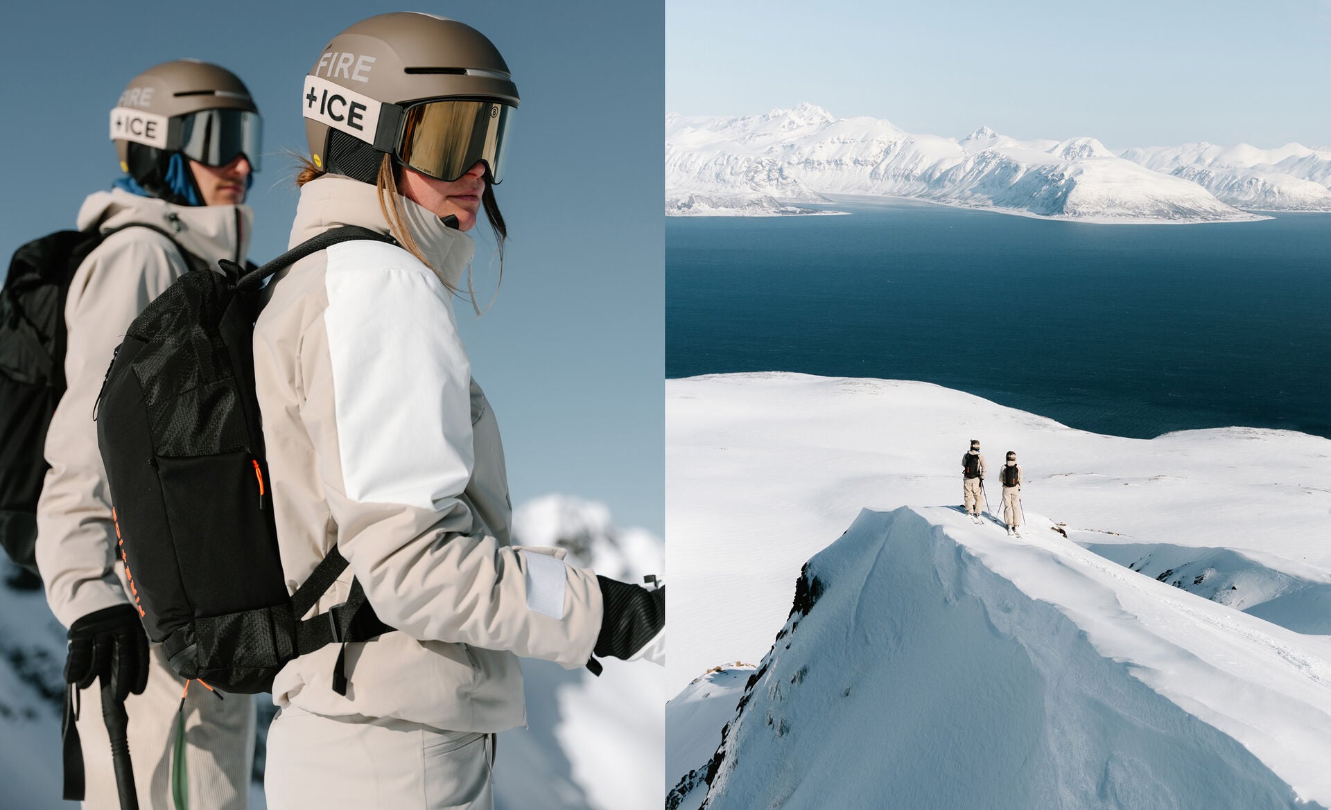 Ausblick auf eine schneebedeckte Landschaft in Norwegen. Die beiden Models tragen Ski-Anz&uuml;ge von FIRE+ICE in Beige und Schwarz.