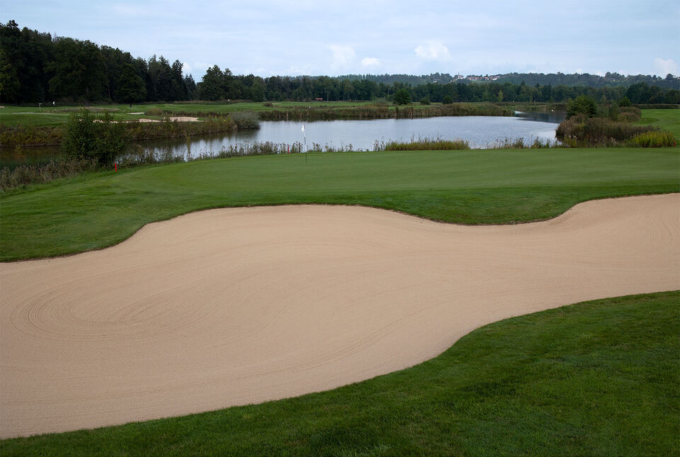 Set against an expansive view of a golf course on a lake with trees in the background.