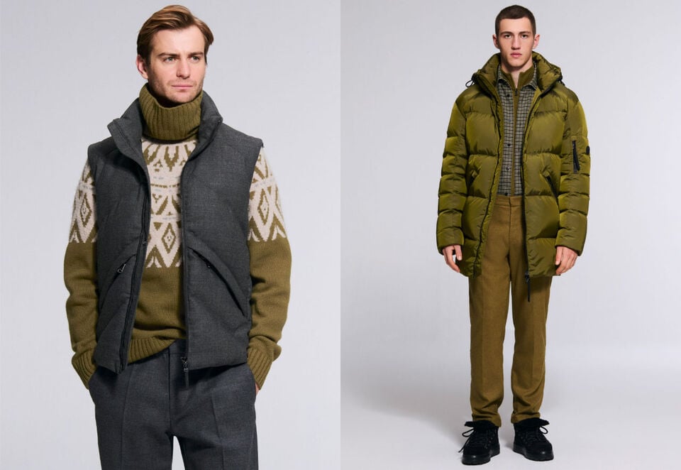 The model on the left wears the Kendo vest layered over a Norwegian sweater, while the model on the right wears the olive-green BOGNER Jones jacket.
