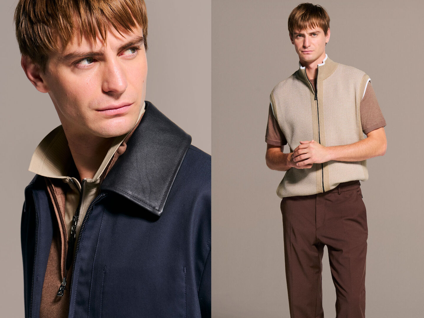 Das linke Herrenmodell tr&auml;gt eine Twill-Jacke mit Kragen aus Leder, das rechte Herrenmodell eine Strickweste mit B-Zipper.
