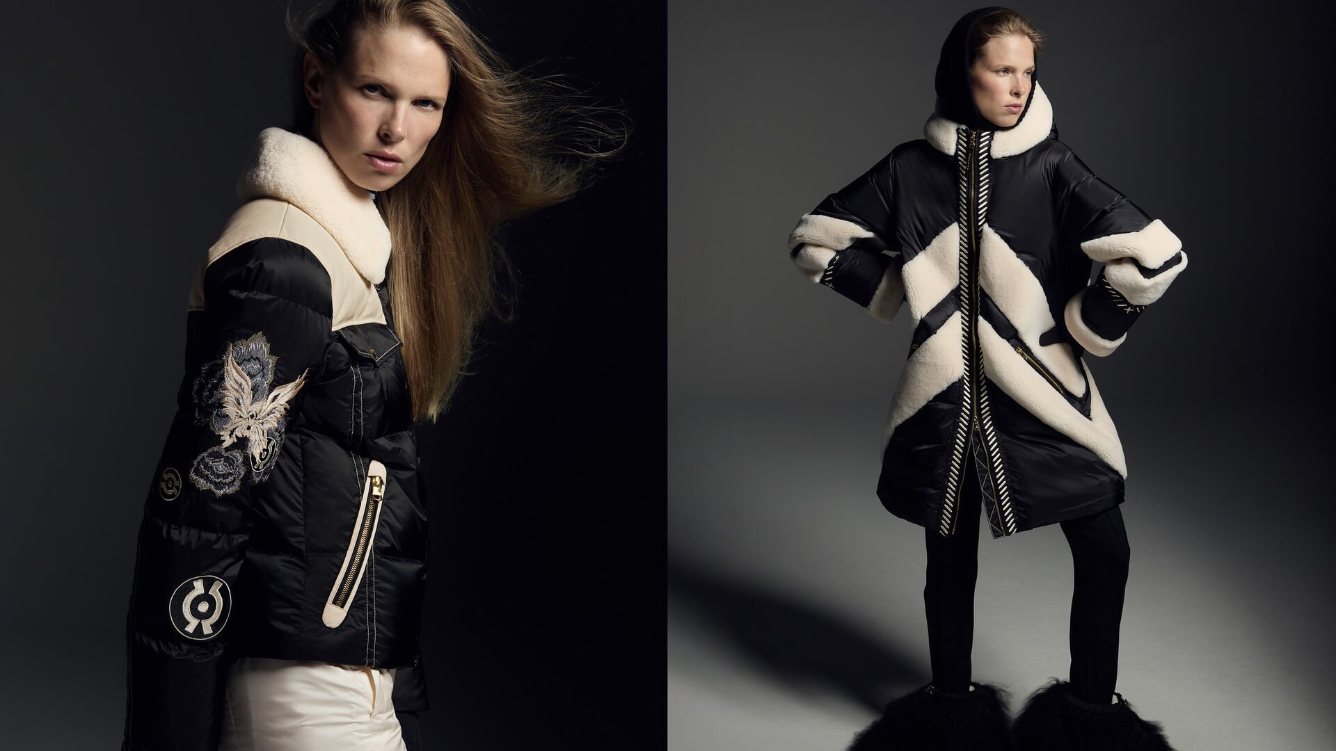 Das Model trägt auf der linken Seite eine detailliert bestickte Jacke, auf der rechten einen schwarzen Parka mit Lammfell.