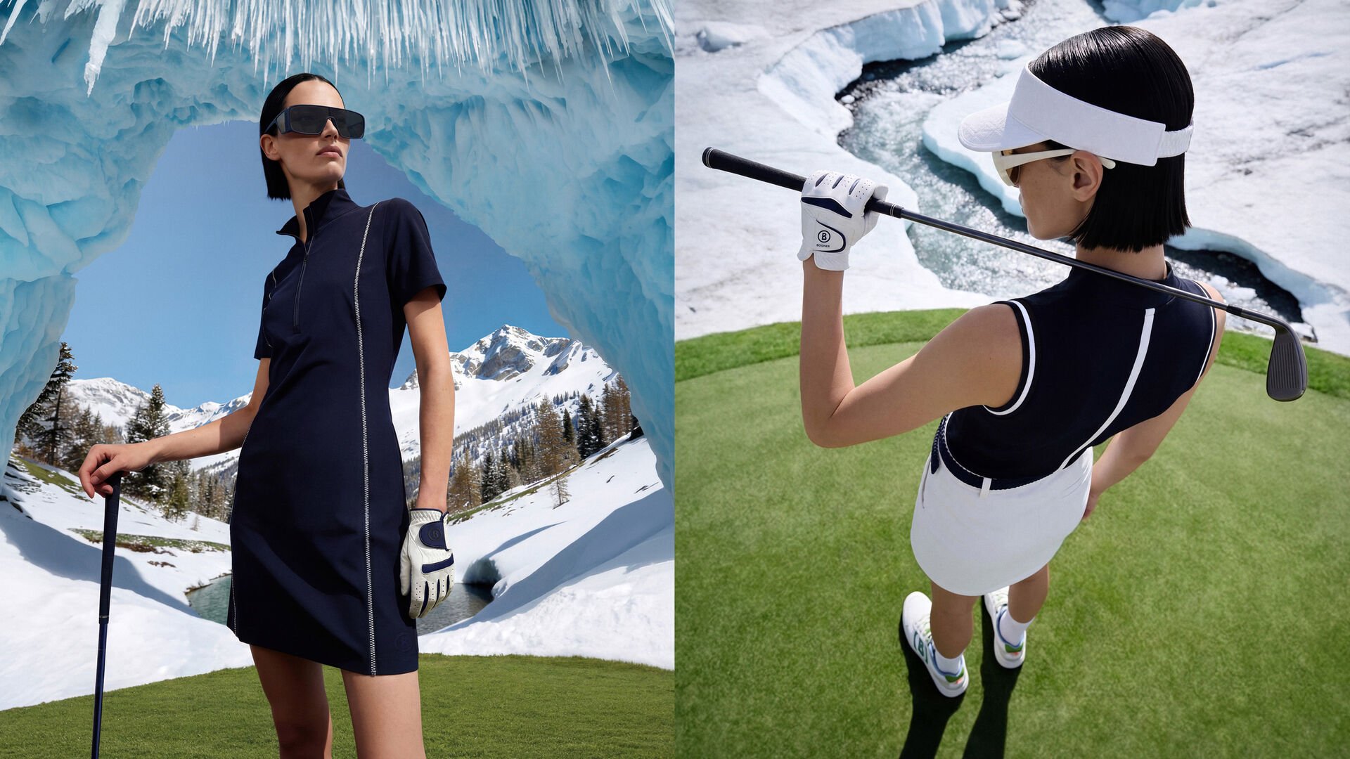 Zwei Golf Looks an einem Damel Model. Links tr&auml;gt sie ein dunkelblaues Polokleid, rechts ein &auml;rmelloses Polo-Shirt sowie einen Rock.