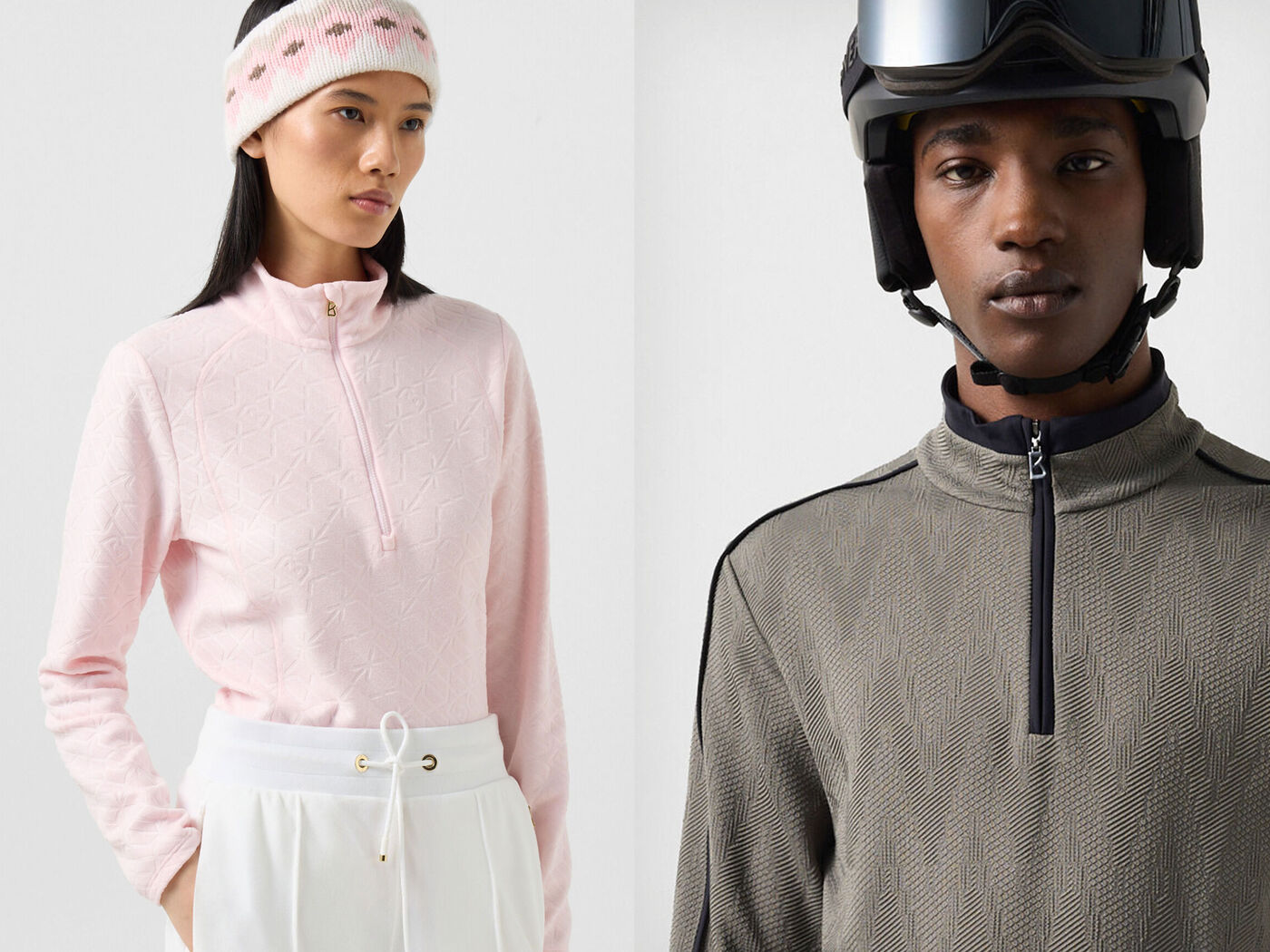 The model on the left is wearing the pink Medita first layer with tonal embossing, while the model on the right is wearing the Ferdi first layer in Sage Grey.