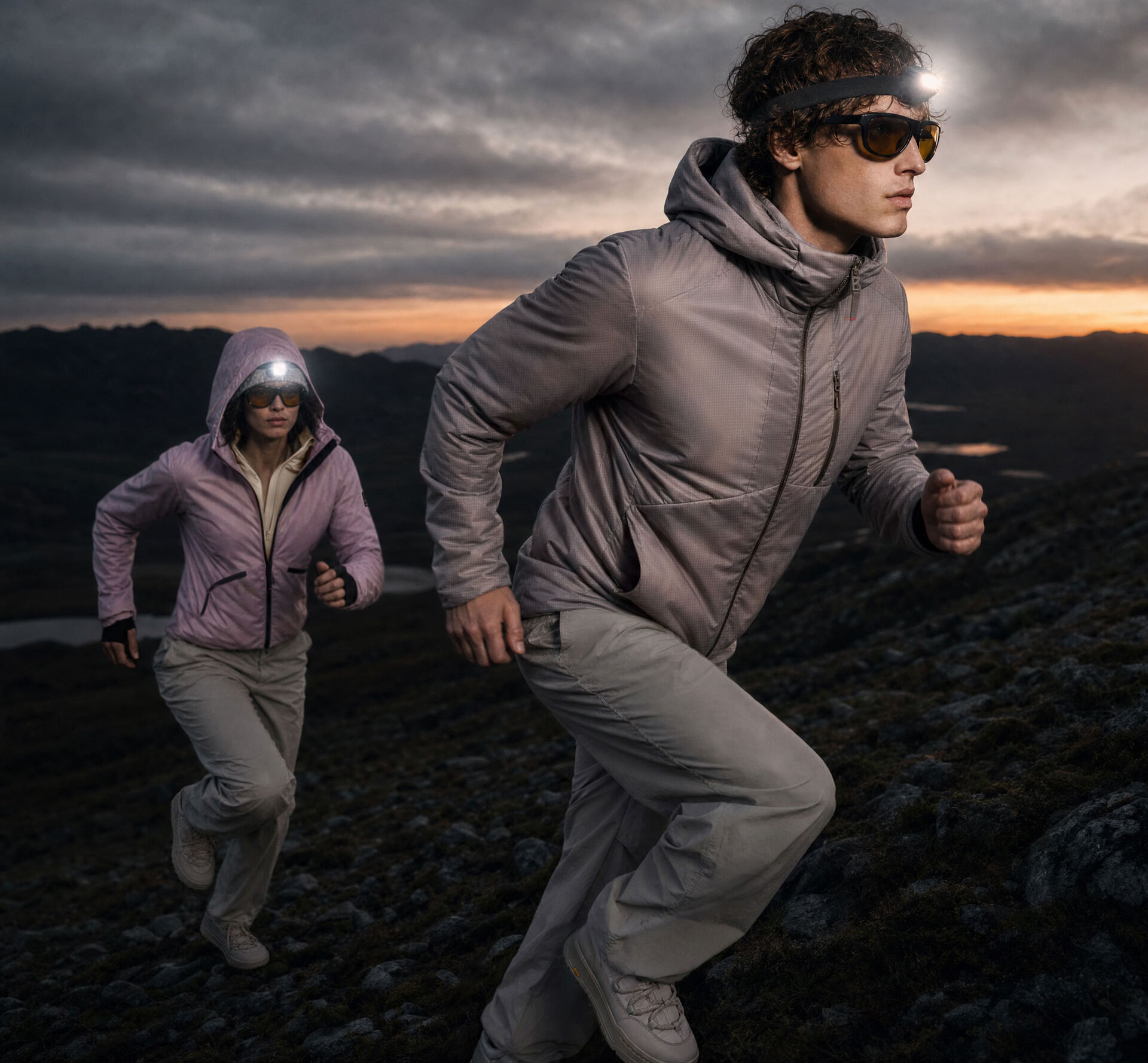 N&auml;chtliche Stimmung. Zwei vor einer Berglandschaft laufende Models, die FIRE+ICE Jacken und Hosen tragen. Von ihren K&ouml;pfen leuchten Stirnlampen.