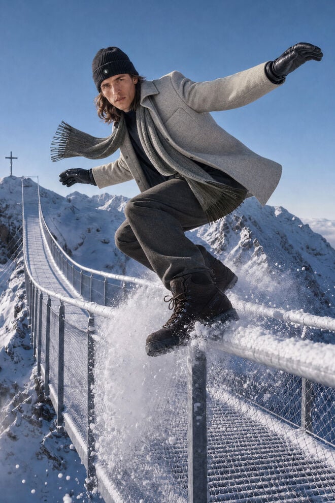 The male model is striking a dynamic pose wearing a light grey shirt jacket, straight trousers and boots. Winter accessories in black and grey complete the look.