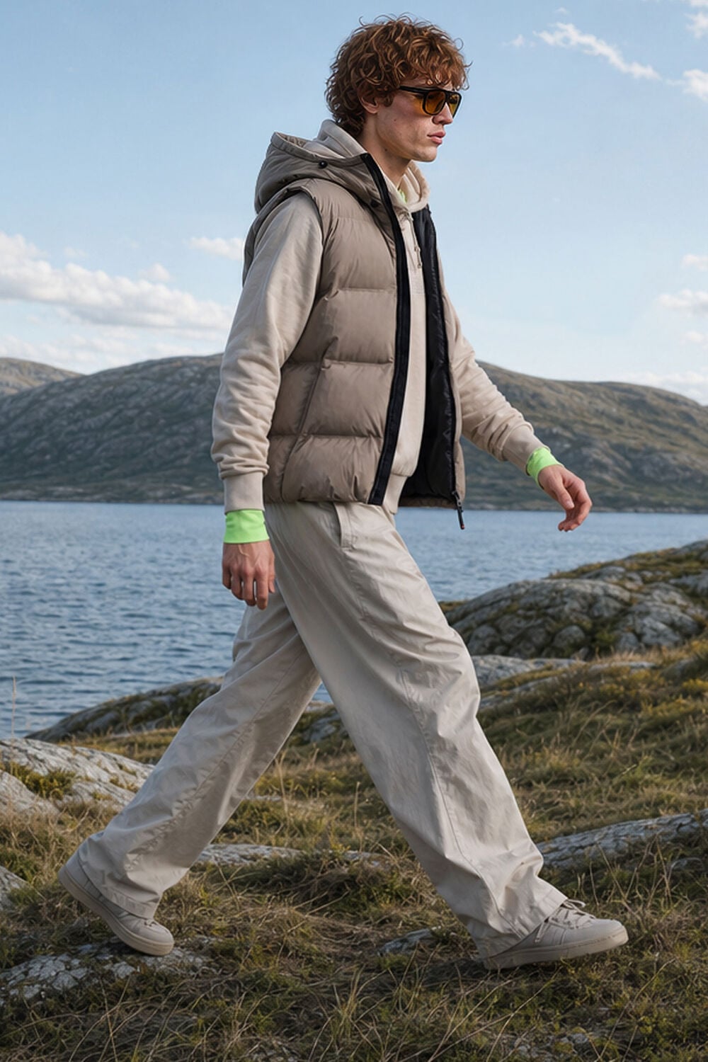 Das Herren Model l&auml;uft durch eine Berglandschaft. Er tr&auml;gt Daunenweste Gill &uuml;ber Hoodie Kristan mit Logo-Print, dazu Hose Aurel aus technischen Materialien.