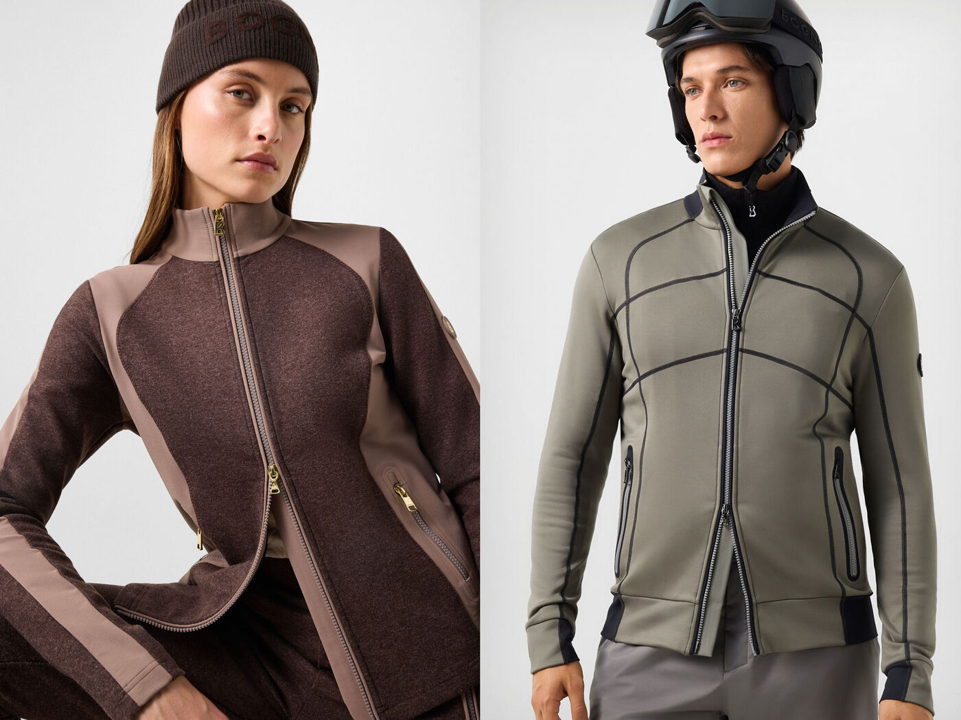 The model on the left is wearing the Dorinja hybrid mid-layer jacket, while the model on the right is wearing the Hayo mid-layer jacket in Sage Grey with black accents.