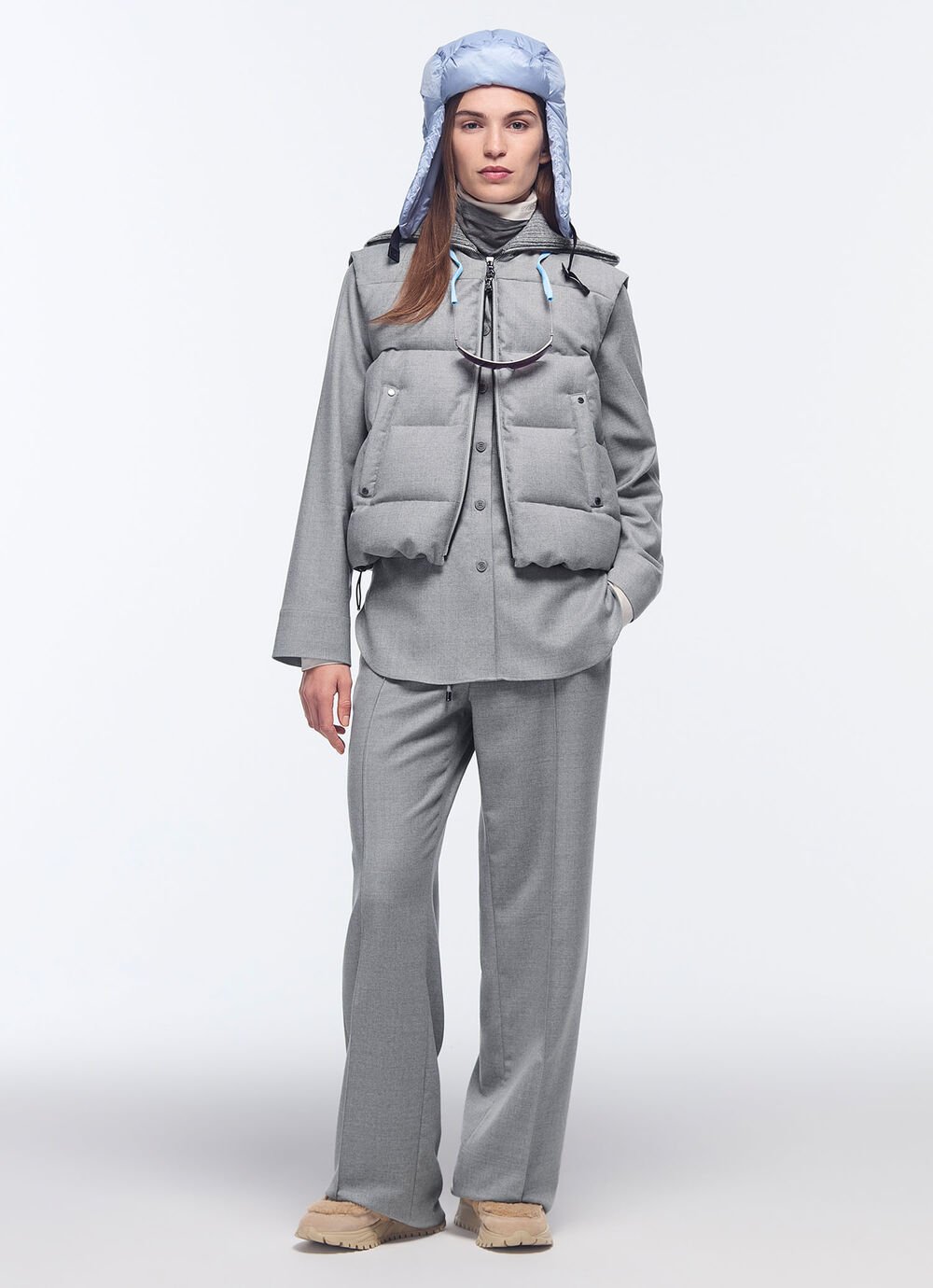 Monochrome suiting translated to the Autumn/Winter season – with colour-coordinating down gilets, quilted hats and warm boots.
