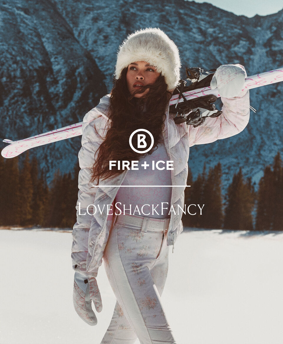 The left half shows a female model with ski and a floral-printed look, the right shows a model in a pastel look in blue.