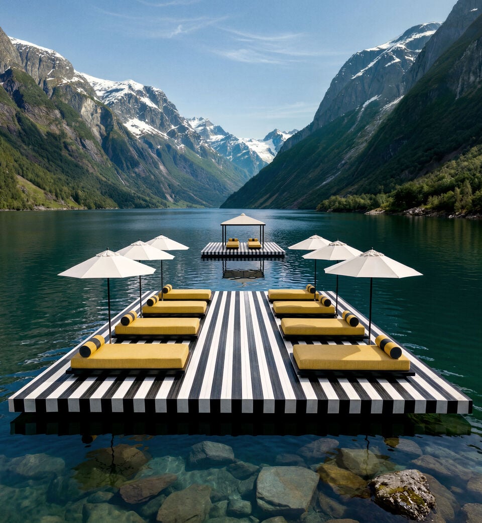 Das Bild zeigt einen schwarz-wei&szlig; gestreiften Steg, der auf einem Bergsee schwimmt und mit gelben Liegen sowie wei&szlig;en Sonnenschirmen ausgestattet ist.