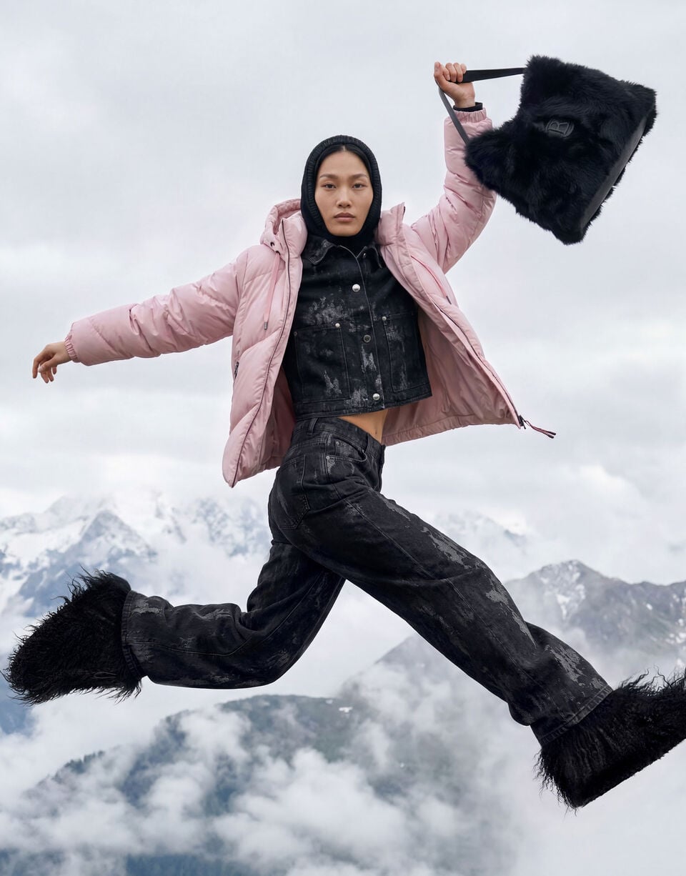 The female model is shown in a dynamic pose, wearing a coordinated outfit consisting of a jacket and jeans, paired with a handbag and a pink down jacket.