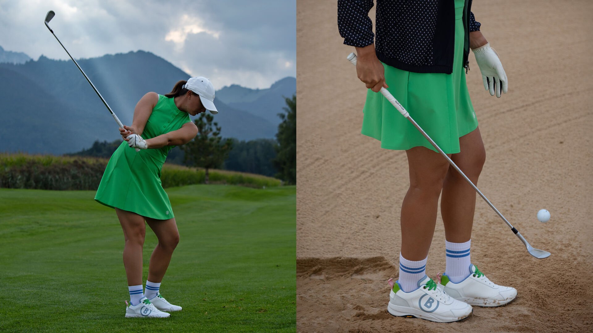 The female golf player is seen from the side. She is teeing off and wears a bright green polo shirt, sneakers and a base cap.