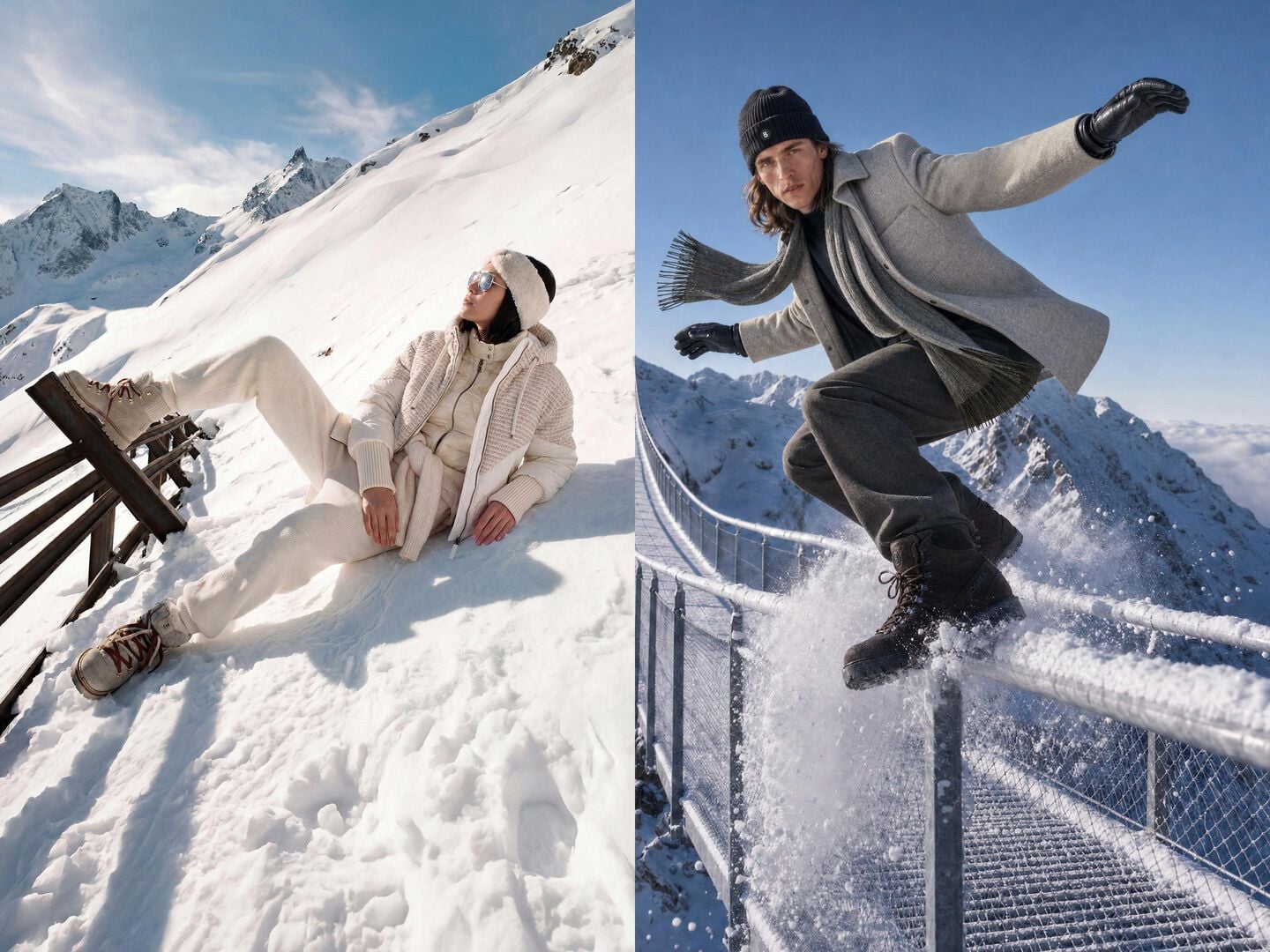 The model on the left is wearing the beige Sheryl jacket, paired with alpine accessories. The model on the right is wearing a shirt jacket and straight-leg trousers.
