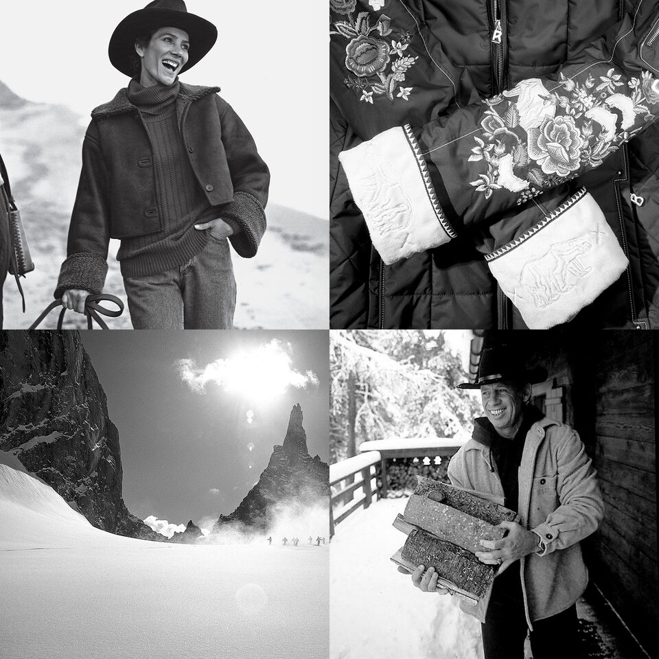 Eine Collage an Schwarz-Weiß-Bildern, die eine Schnee-Landschaft, Menschen im Schnee und bestickte Details einer Jacke zeigt.