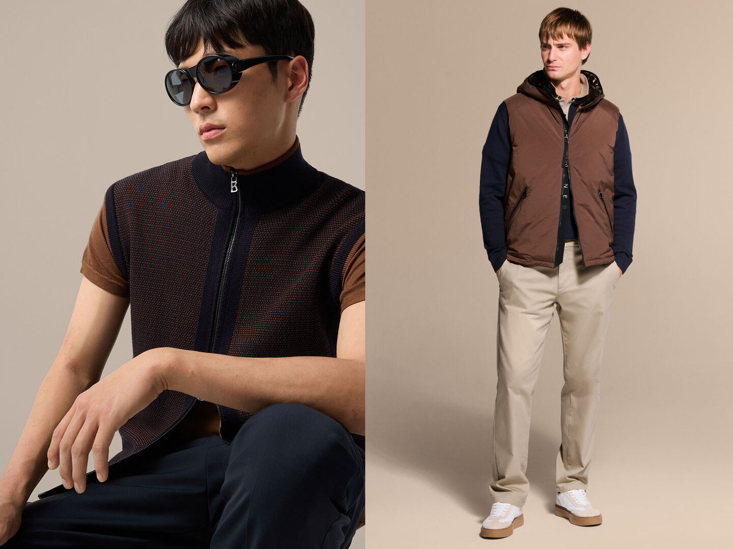 The male model on the left is wearing a knitted gilet with a 'B' logo zip, and the model on the right is wearing a lightweight vest in brown.