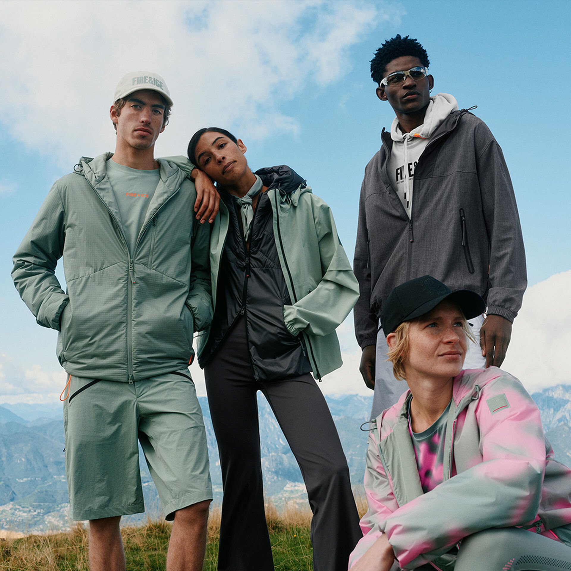 A group of four models wearing FIRE+ICE sportswear in the trend colour eucalyptus.