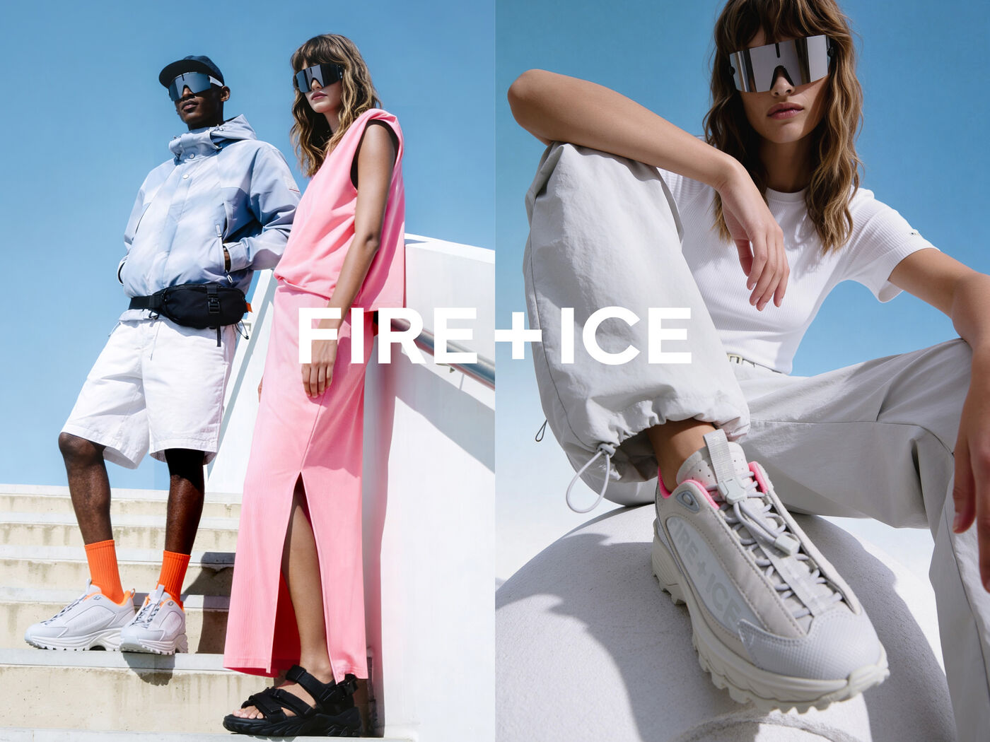 Campaign visuals of a male and a female model wearing the new FIRE+ICE shoes collection.