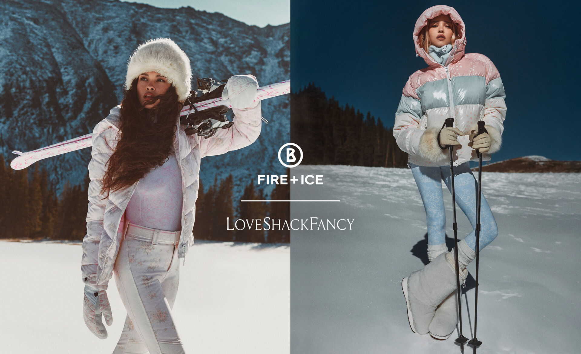 The left half shows a female model with ski and a floral-printed look, the right shows a model in a pastel look in blue.