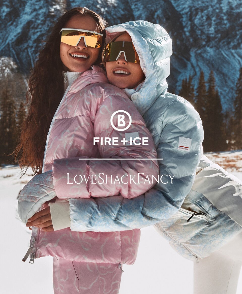 The left half shows a female model with ski and a floral-printed look, the right shows a model in a pastel look in blue.