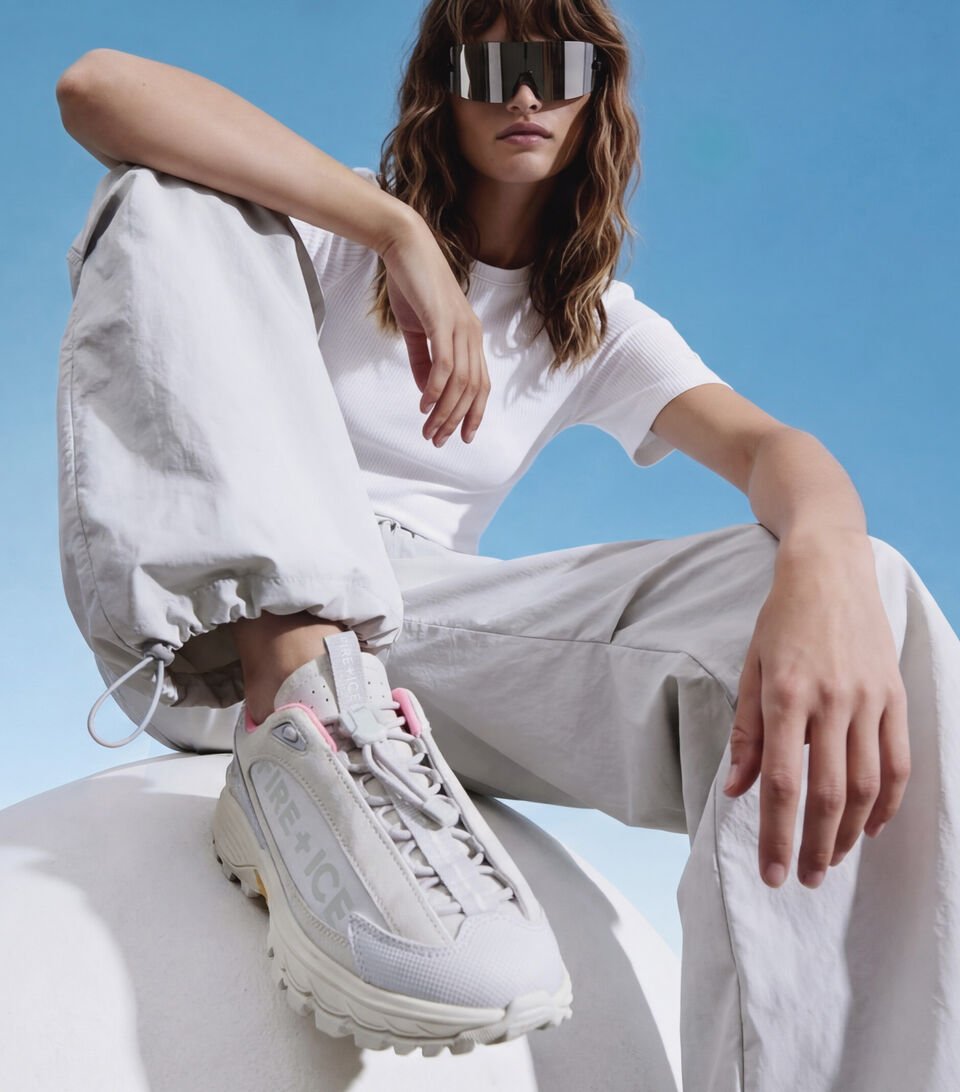 Close-up of the female model with the Montana trainers in grey and pink. She is wearing the Charis functional trousers and sunglasses.