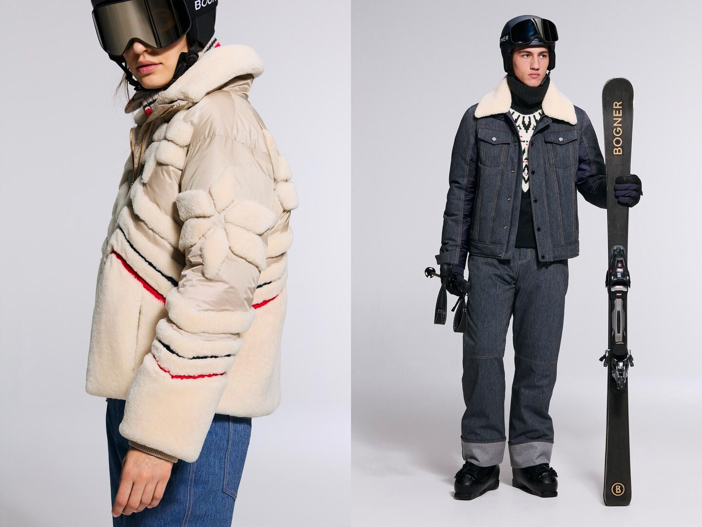 The model on the left is wearing the Felia outdoor jacket, which features shearling details. The model on the right is wearing an alpine-style outfit made from technical denim.