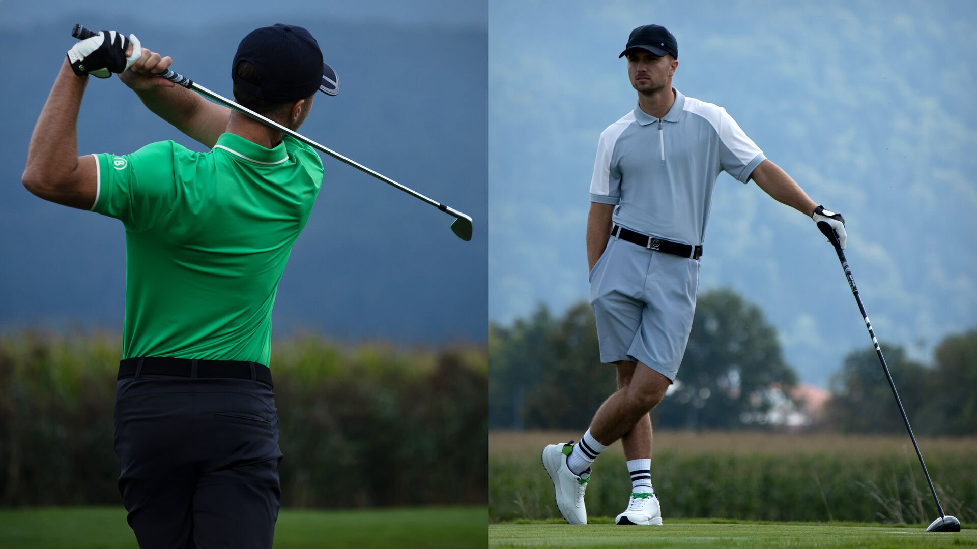 Seitliche Aufnahme des Herren Models beim Abschlag. Er tr&auml;gt ein Polo-Shirt in leuchtendem Gr&uuml;n und eine dunkle Hose.