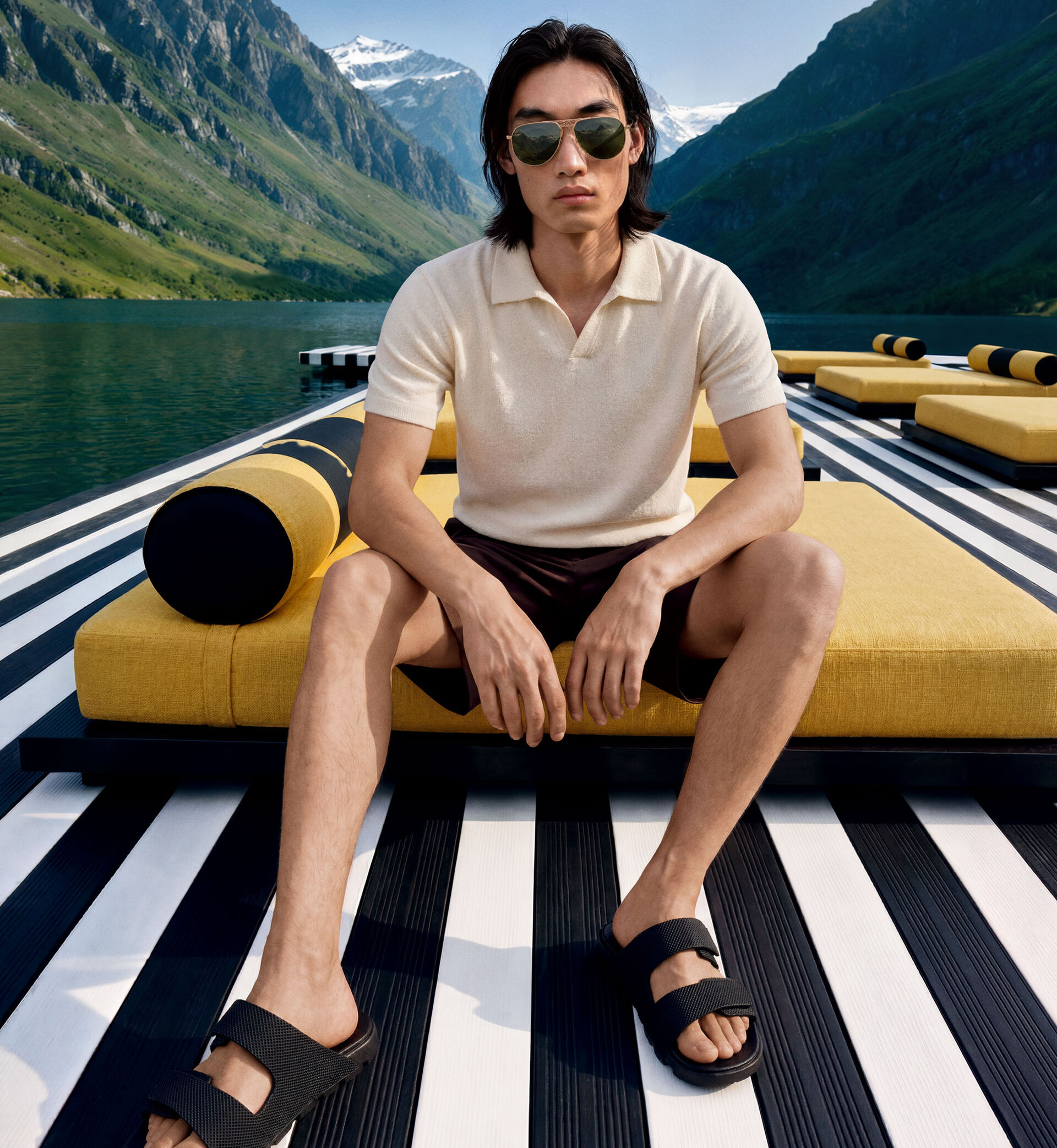 Das Herrenmodell sitzt auf einem in einem Bergsee liegenden Steg und tr&auml;gt das Strick-Polo-Shirt Finn in Off-White zu schwarzen Shorts und Sandalen.