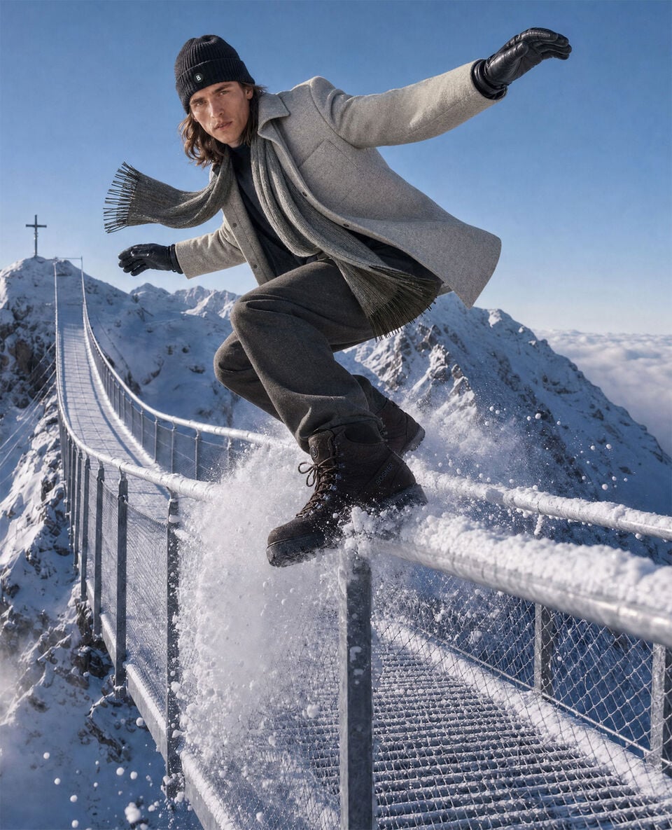 The male model is striking a dynamic pose wearing a light grey shirt jacket, straight trousers and boots. Winter accessories in black and grey complete the look.