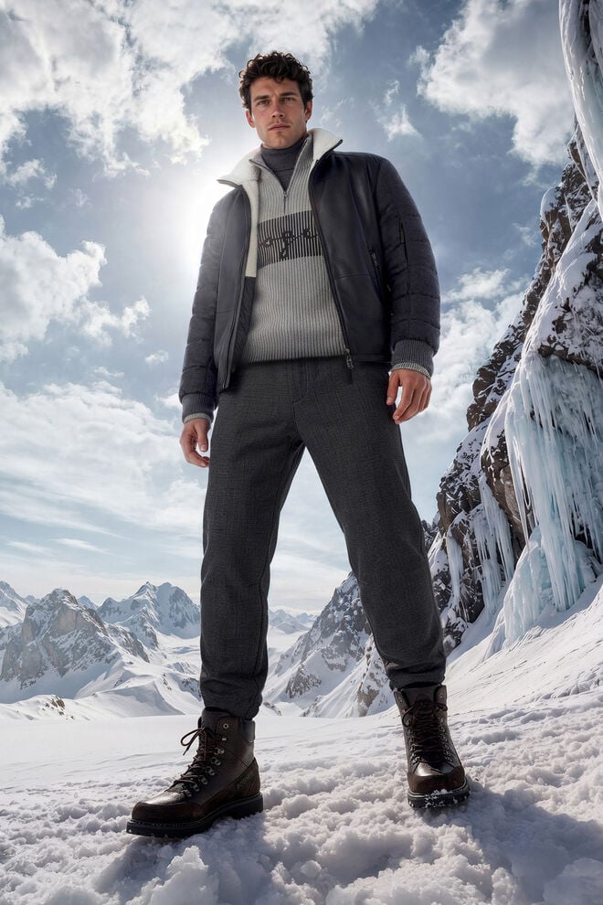 The other male model is standing with snow-covered mountain scenery behind him. He is wearing a light grey half-zip logo pullover and a leather jacket, with dark grey trousers and boots completing the look.