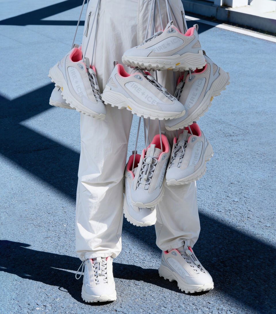 The female model is seen holding a range of Montana trainers in grey and pink in her hand.