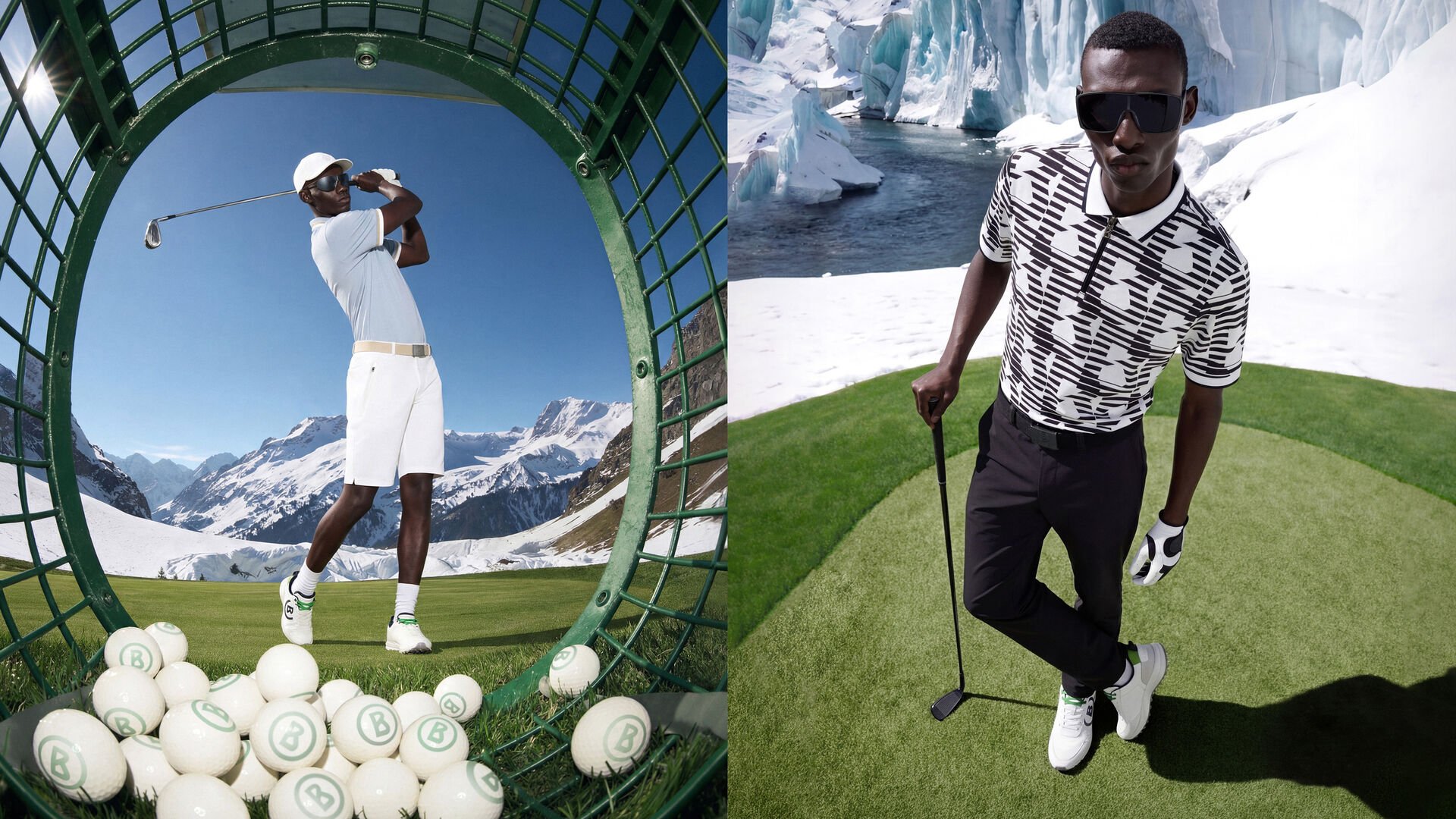 Zwei Golf Looks an einem Herren Model. Links tr&auml;gt er ein hellblaues Polo und wei&szlig;e Shorts, rechts ein Polo-Shirt mit Print und dazu passender Hose.