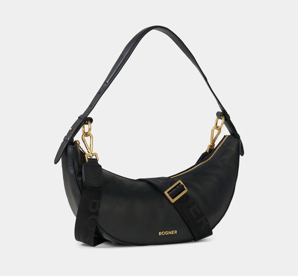The half-moon-shaped Wallis Kyla bag in black is made of leather and characterised by gold-coloured hardware and logo details.