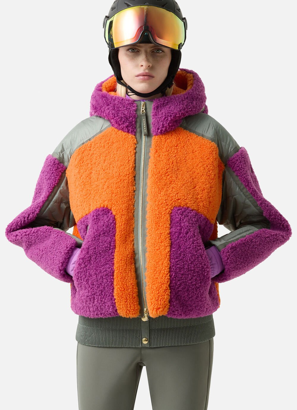 Rear view of the Valea down ski jacket with W quilting in a multicolored look.