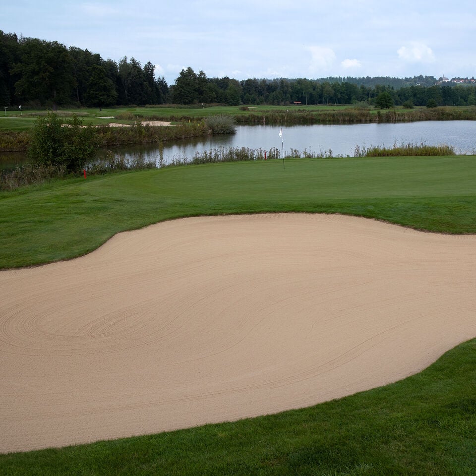 Set against an expansive view of a golf course on a lake with trees in the background.