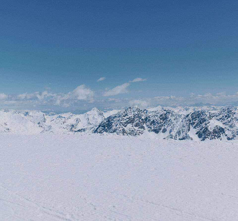 Das mit einer Skijacke bekleidete Model steht vor einer schneebedeckten Bergkulisse.