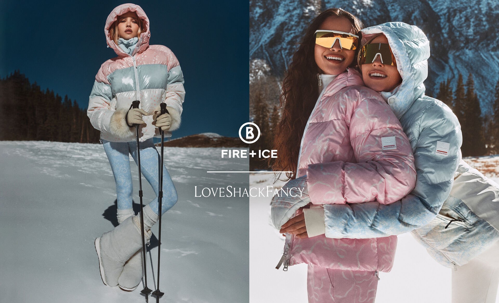 The left half shows a female model with ski and a floral-printed look, the right shows a model in a pastel look in blue.