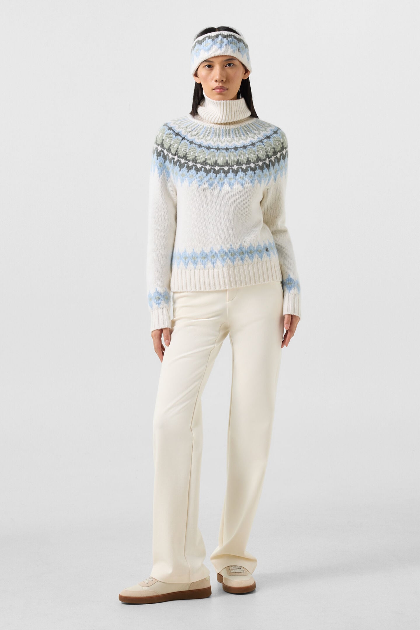 Kaschmir-Norweger-Pullover Ingrid Wei&szlig;/Blau/Oliv