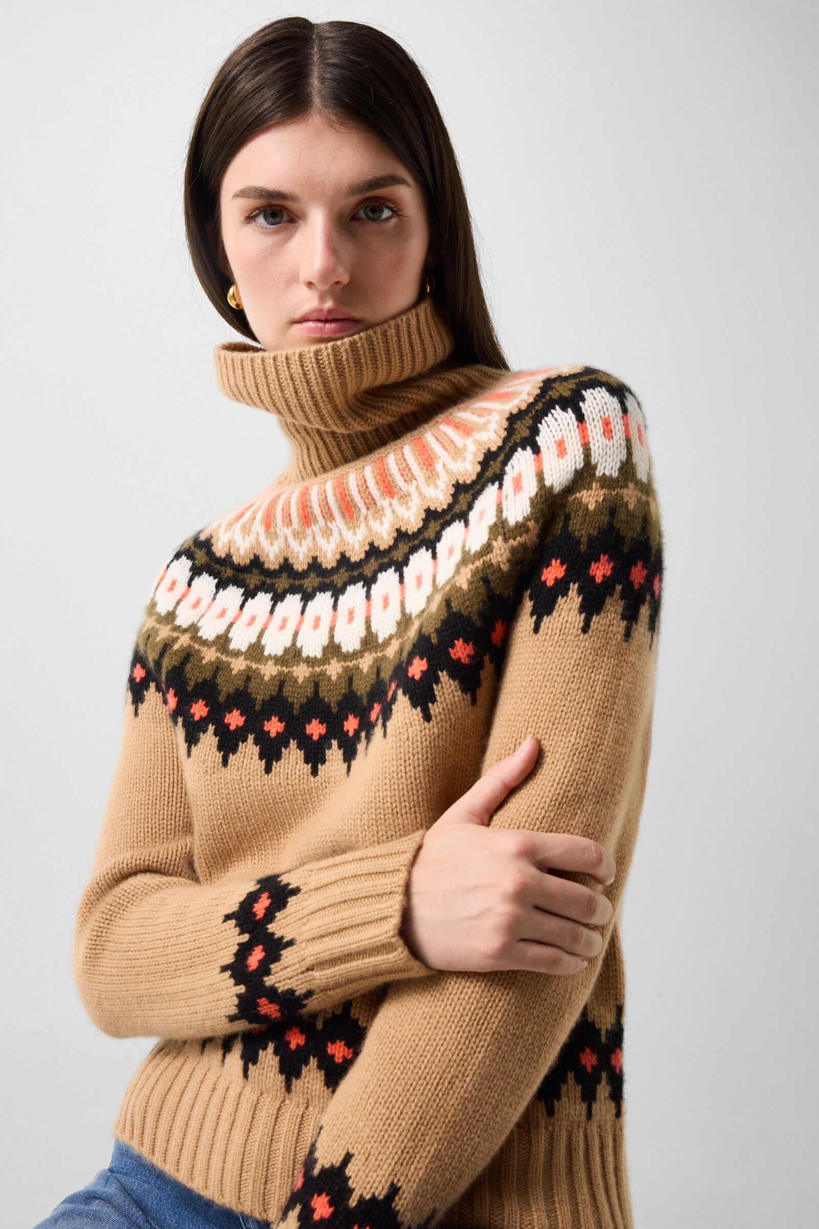 Ingrid cashmere jumper and Norwegian-style jumper Camel/Brown/Orange