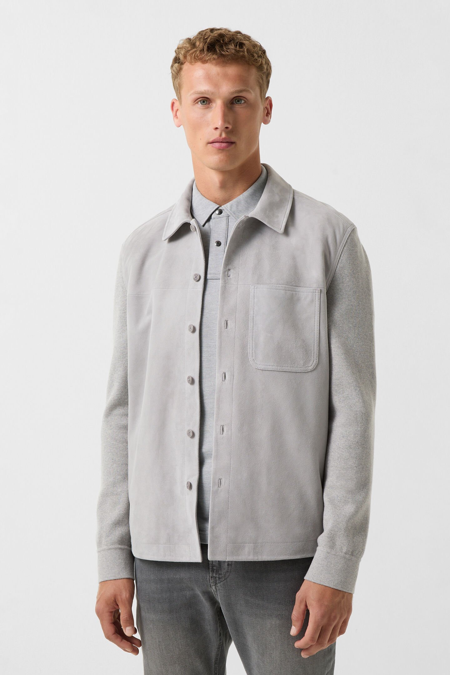 Veloursleder-Strick-Overshirt Henno Hellgrau