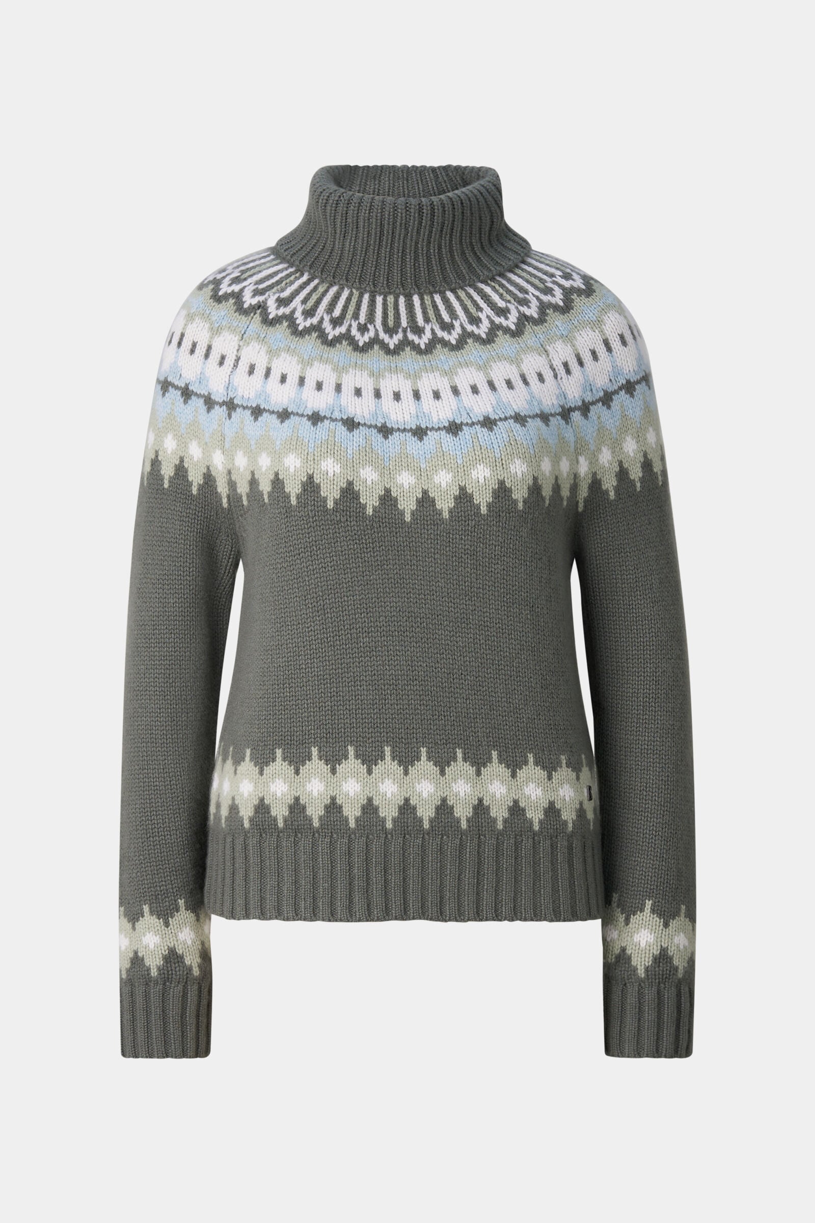 Kaschmir-Norweger-Pullover Ingrid Oliv/Hellblau/Off-White