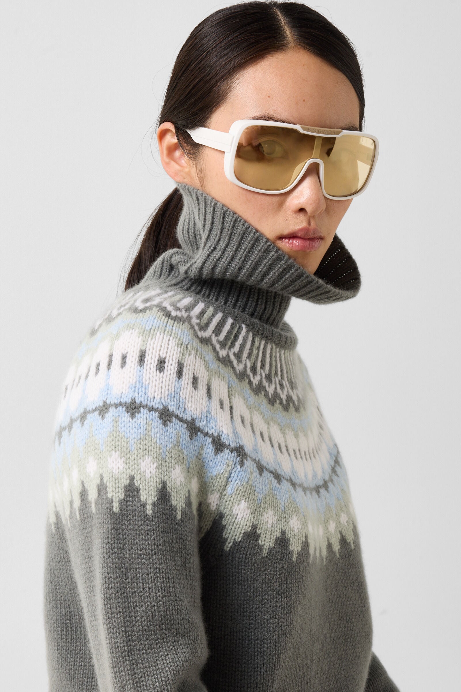 Ingrid cashmere jumper and Norwegian-style jumper Olive/Light blue/Off-white