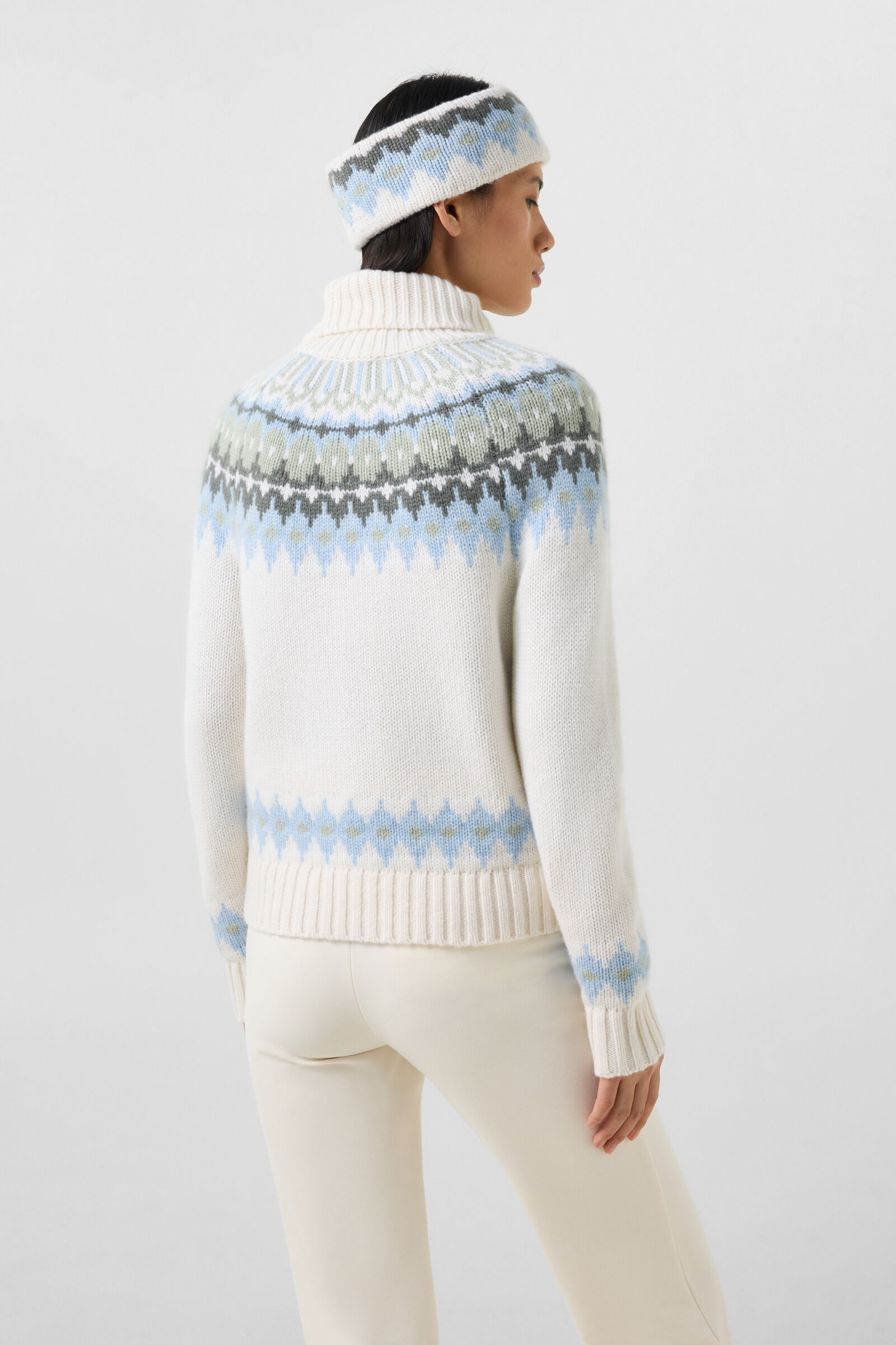 Kaschmir-Norweger-Pullover Ingrid Wei&szlig;/Blau/Oliv