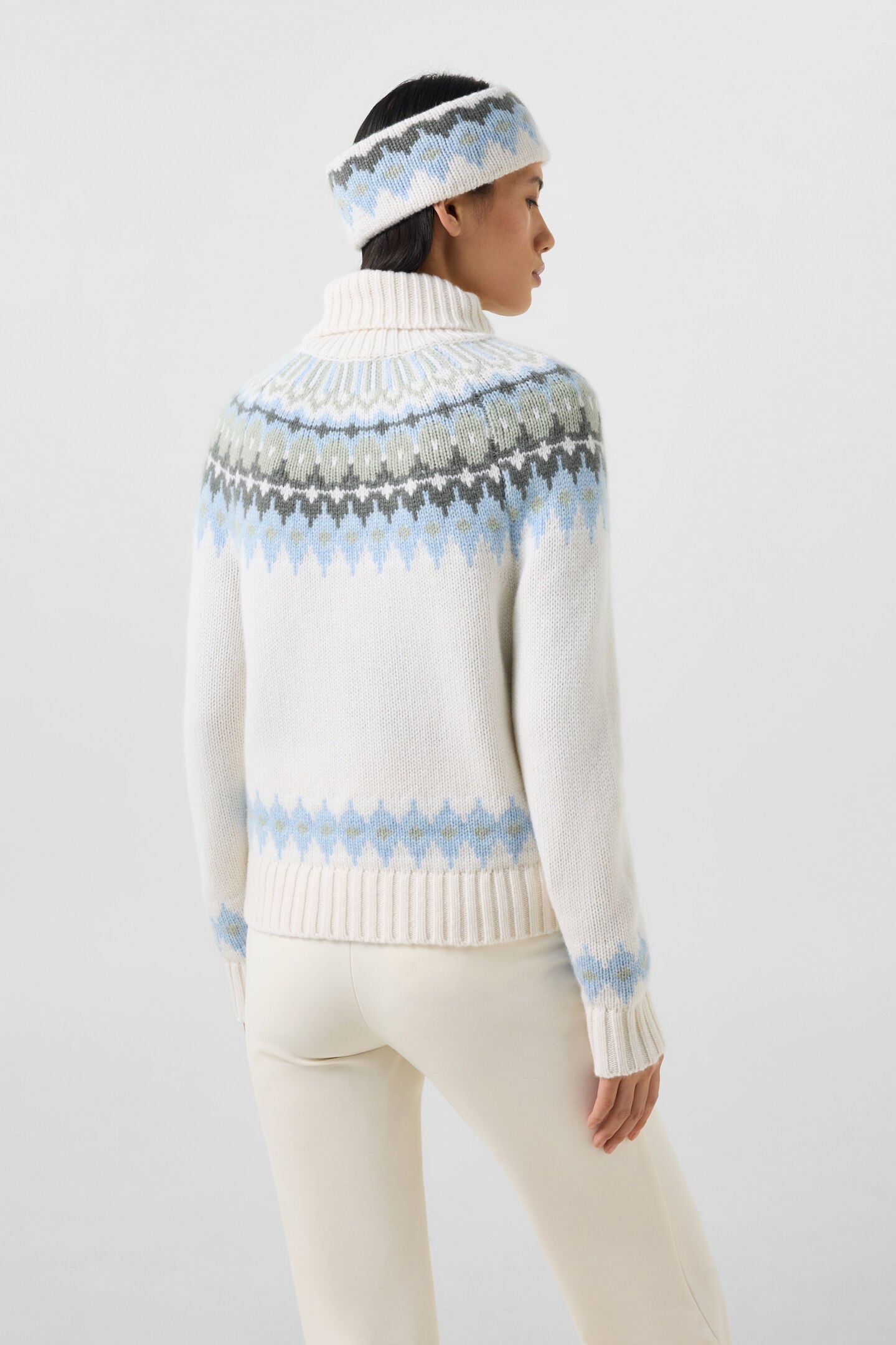 Kaschmir-Norweger-Pullover Ingrid Wei&szlig;/Blau/Oliv
