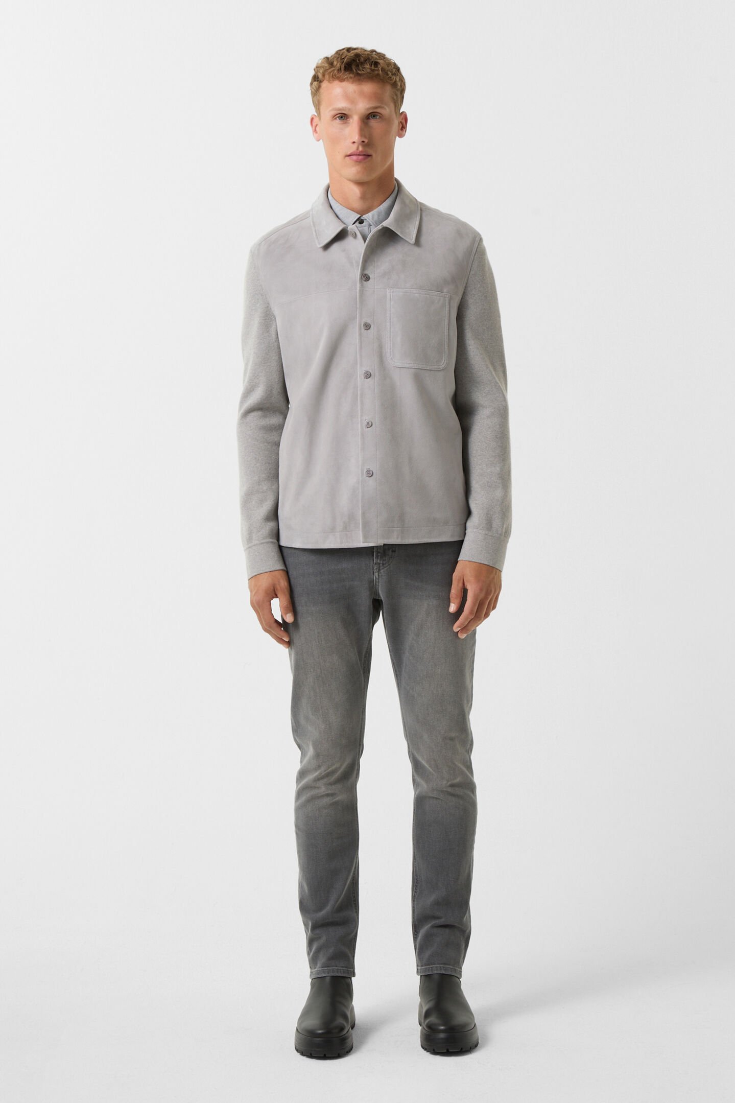 Veloursleder-Strick-Overshirt Henno Hellgrau