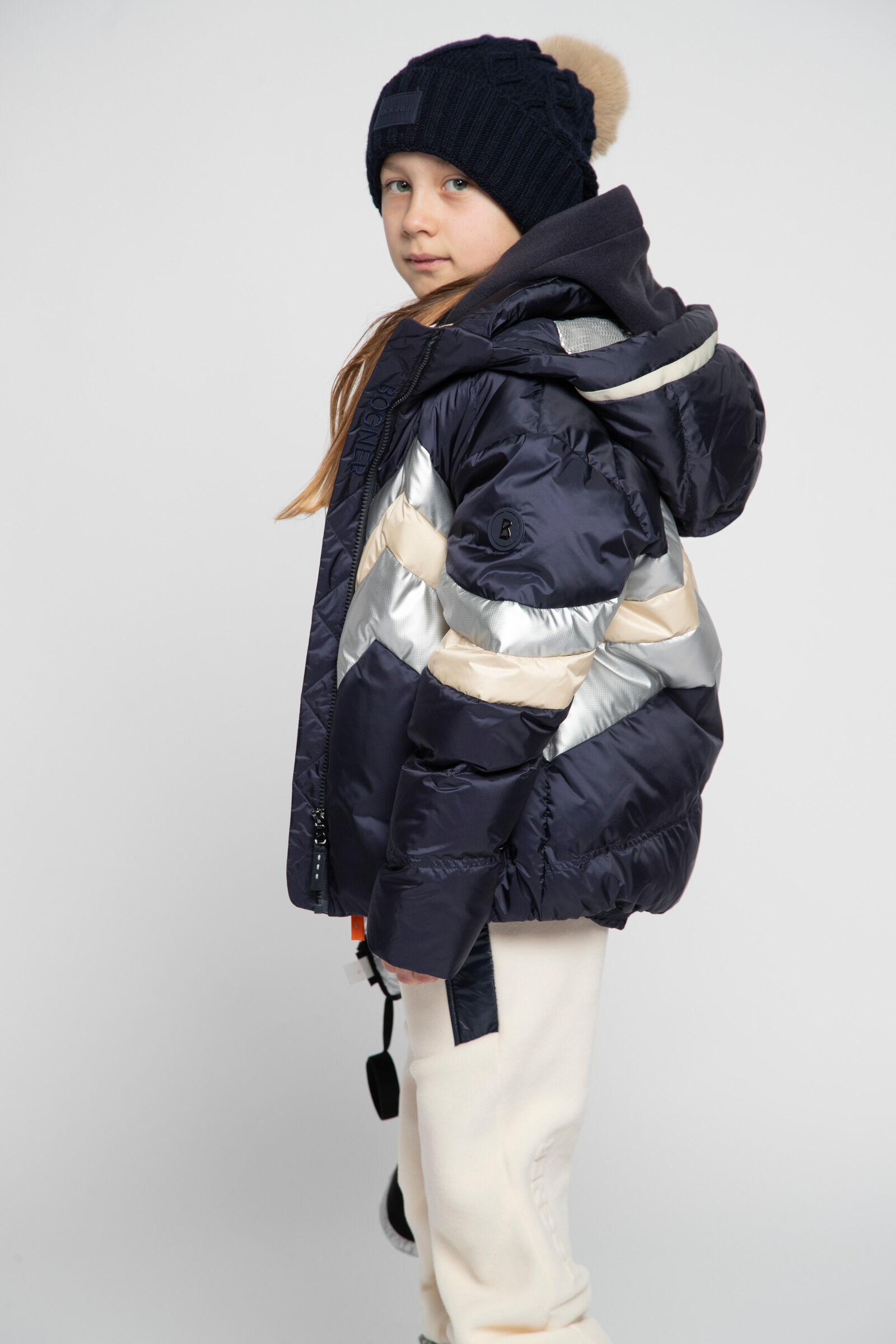 Kids down ski jacket Maddy Navy blue/silver/beige