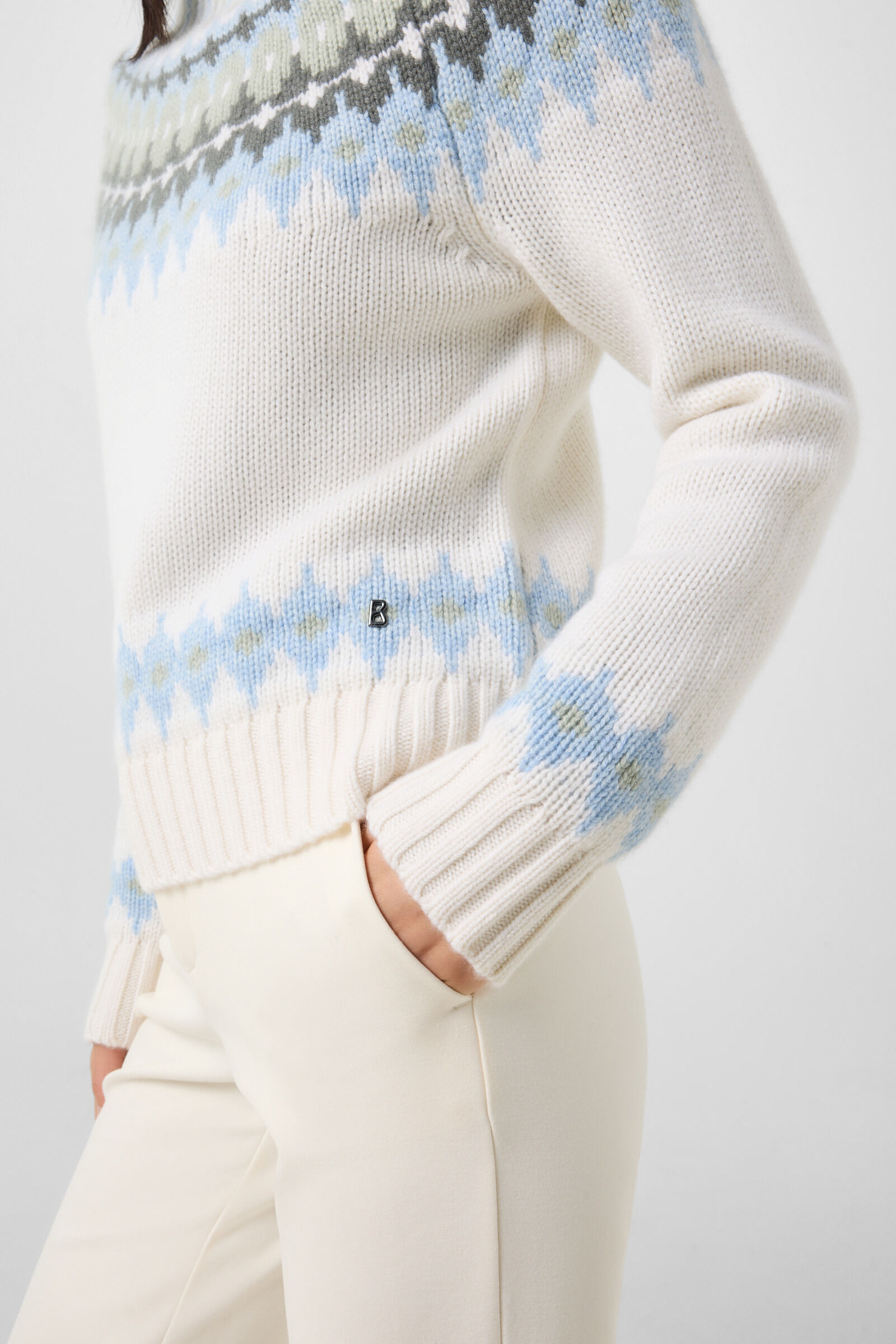 Kaschmir-Norweger-Pullover Ingrid Wei&szlig;/Blau/Oliv