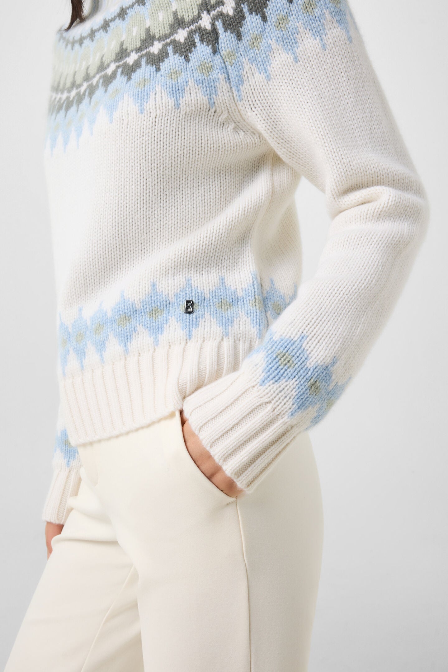 Kaschmir-Norweger-Pullover Ingrid Wei&szlig;/Blau/Oliv