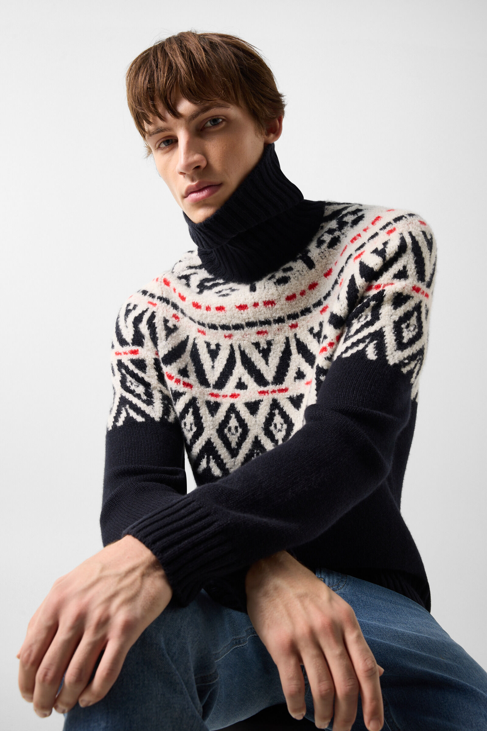 Kaschmir-Norweger-Pullover Roxter Navy/Off-White/Rot