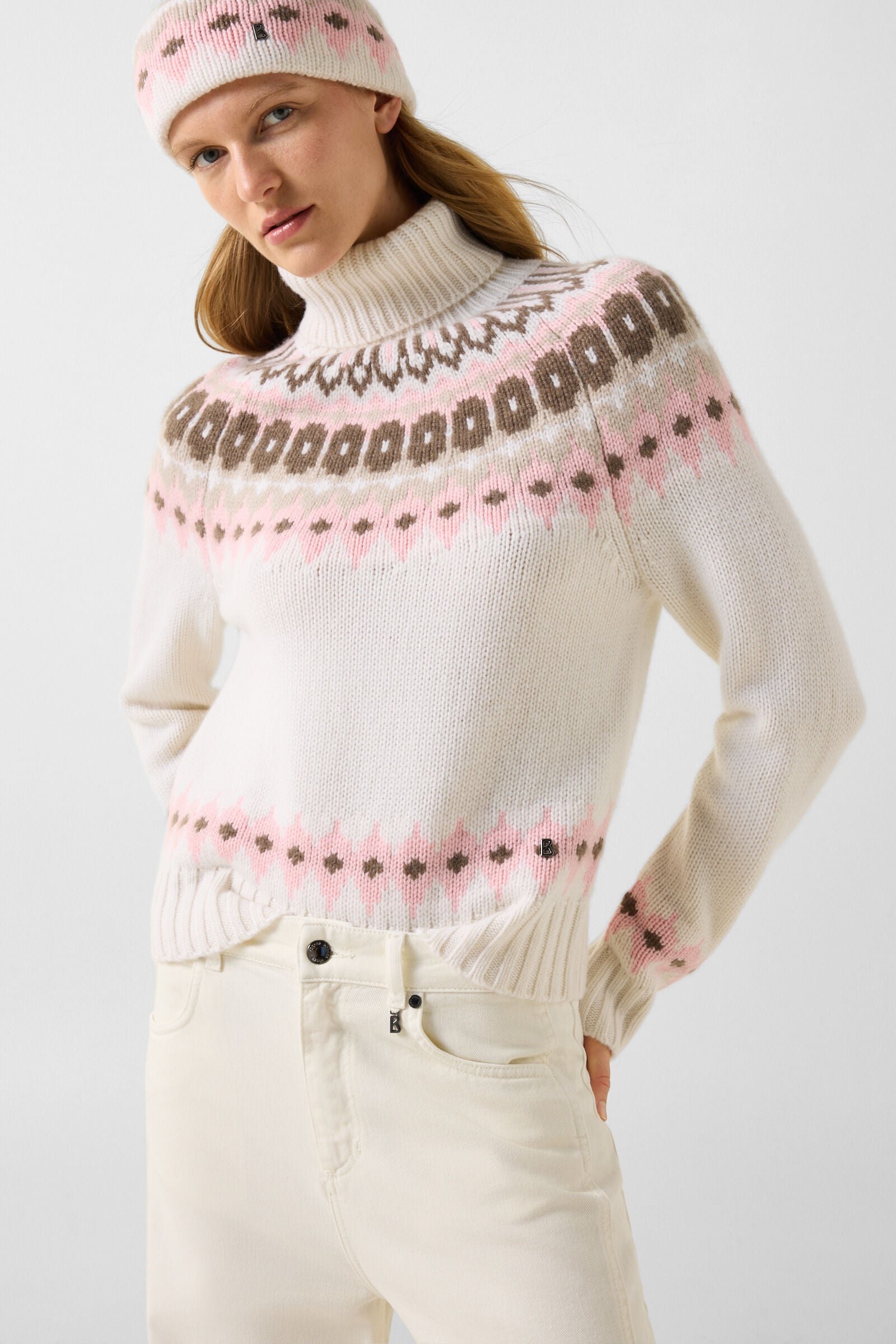 Ingrid cashmere jumper and Norwegian-style jumper Off-white/pink/brown